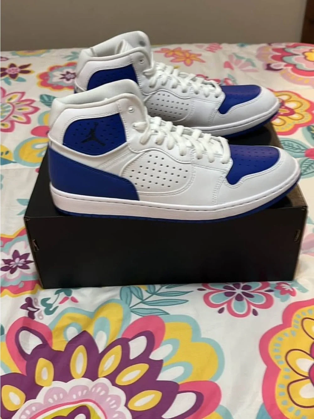 Jordan White and Royal Blue High-Top Sneakers